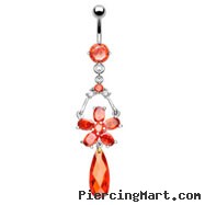 Belly ring with dangling red jeweled flower and teardrop stone