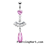 Belly ring with dangling princess cut fan and large pink stone