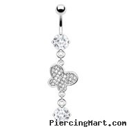 Navel ring with dangling jewel paved butterfly and gem