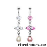 Navel ring with dangling marquise CZ and pearl