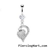 Belly ring with Multi Gem Paved Heart to Heart Dangle