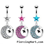 Belly ring with dangling round crescent moon and stars