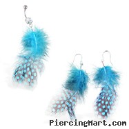 Teal Polka Dot Feather Belly Ring And Earring Set