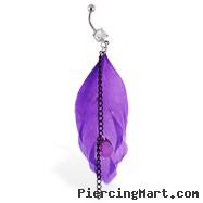 Navel ring with dangling black chains and large purple feather