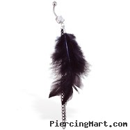 Navel ring with dangling black feathers