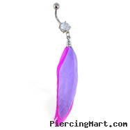 Belly ring with dangling pink and purple feathers