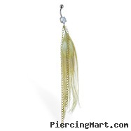 Belly ring with large dangling golden feather with golden chains