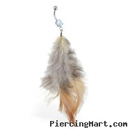 Belly ring with dangling white, black and brown feathers