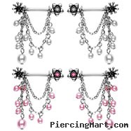 Pair of flower nipple rings with pearl and chain dangles