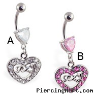 Navel ring with dangling jeweled "SEXY" heart