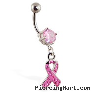 Navel ring with dangling pink wellness ribbon