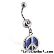 Navel ring with dangling denim peace sign