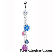 Navel ring with dangling multicolored flowers