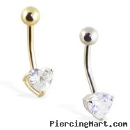 14K Gold jeweled heart belly ring with 3-prongs