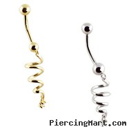 14K Gold belly button ring with dangling spiral and gem