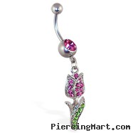 Belly Ring with Dangling Pink Rose