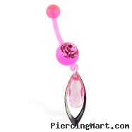 Flexible pink belly ring with dangling stone