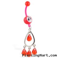 Flexible red belly ring with dangling chandelier