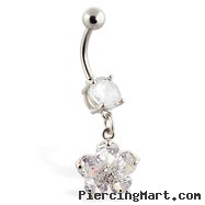 Navel ring with dangling clear jeweled flower