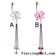 Jeweled butterfly navel ring with dangling chains and gems