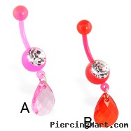 Flexible bioplast belly ring with dangling teardrop stone