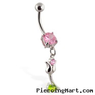 Navel ring with dangling flower on stem