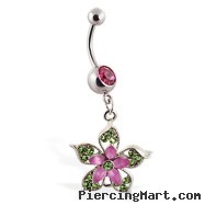 Navel ring with dangling pink and green flower