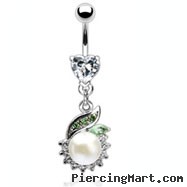 Heart gem navel ring with jeweled dangle and large pearl