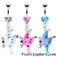 Heart gem navel ring with dangling epoxy gem butterfly