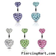 Double paved gem heart belly ring