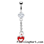 Navel ring with dangling red and white hearts