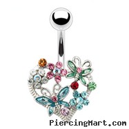 Multi-Colored Flower And Butterfly Heart Navel Ring