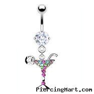 Navel ring with dangling multi-colored jeweled martini