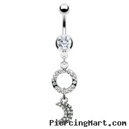 Navel ring with dangling jeweled circle and moon