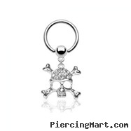 Captive bead ring with dangling jeweled skull, 16 ga