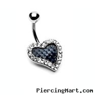 Black carbon fiber jeweled heart navel ring