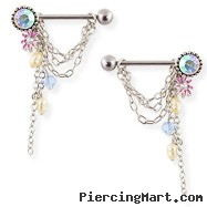 Pair Of Nipple Rings With Chains And Dangles, 14 Ga