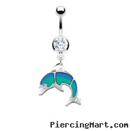 Navel Ring with Dangling Glossed Dolphin