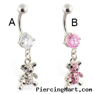 Navel ring with dangling jeweled teddy bear