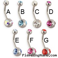 Navel ring with duo bottom gem and jeweled top ball