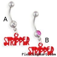 Navel ring with dangling red acrylic "STRIPPER"