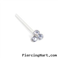 Silver nose stud with small clear jeweled clover and long tail for custom bend, 20 ga