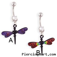 Navel ring with dangling black dragonfly