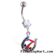 Navel ring with dangling lucky "7" horseshoe