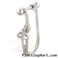 Straight helix barbell with dangling cuff with clear bow, 16 ga