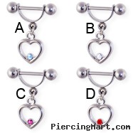 Straight barbell helix cuff with dangling jeweled heart, 16 ga