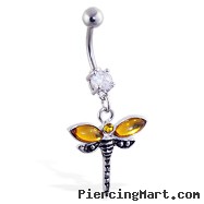 Navel ring with dangling yellow dragonfly