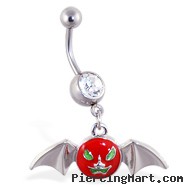 Navel ring with dangling scary face bat