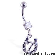 Navel ring with dangling horseshoe and "7"