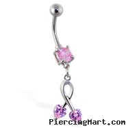 Belly ring with dangling pink hearts on dangle